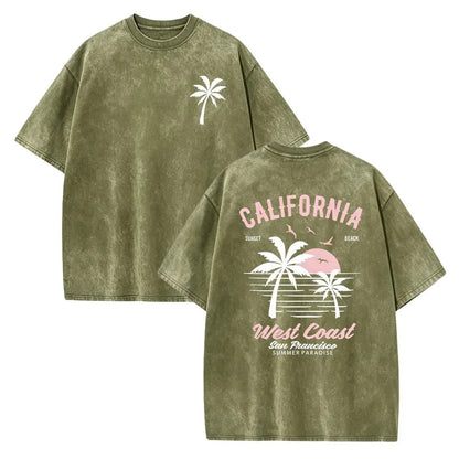 Washed Cotton California Graphic Tee – 250g Soft Vintage Surf Beach Tee with Palm Trees & Retro Print, Loose Fit Summer Casual Shirt for Men Women, Unisex Machine Washable