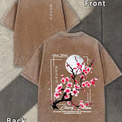 Men's Streetwear T-Shirt in a Washed Knit Finish - Casual Loose Fit Menswear Top with Japanese Cherry Blossom Floral Graphic