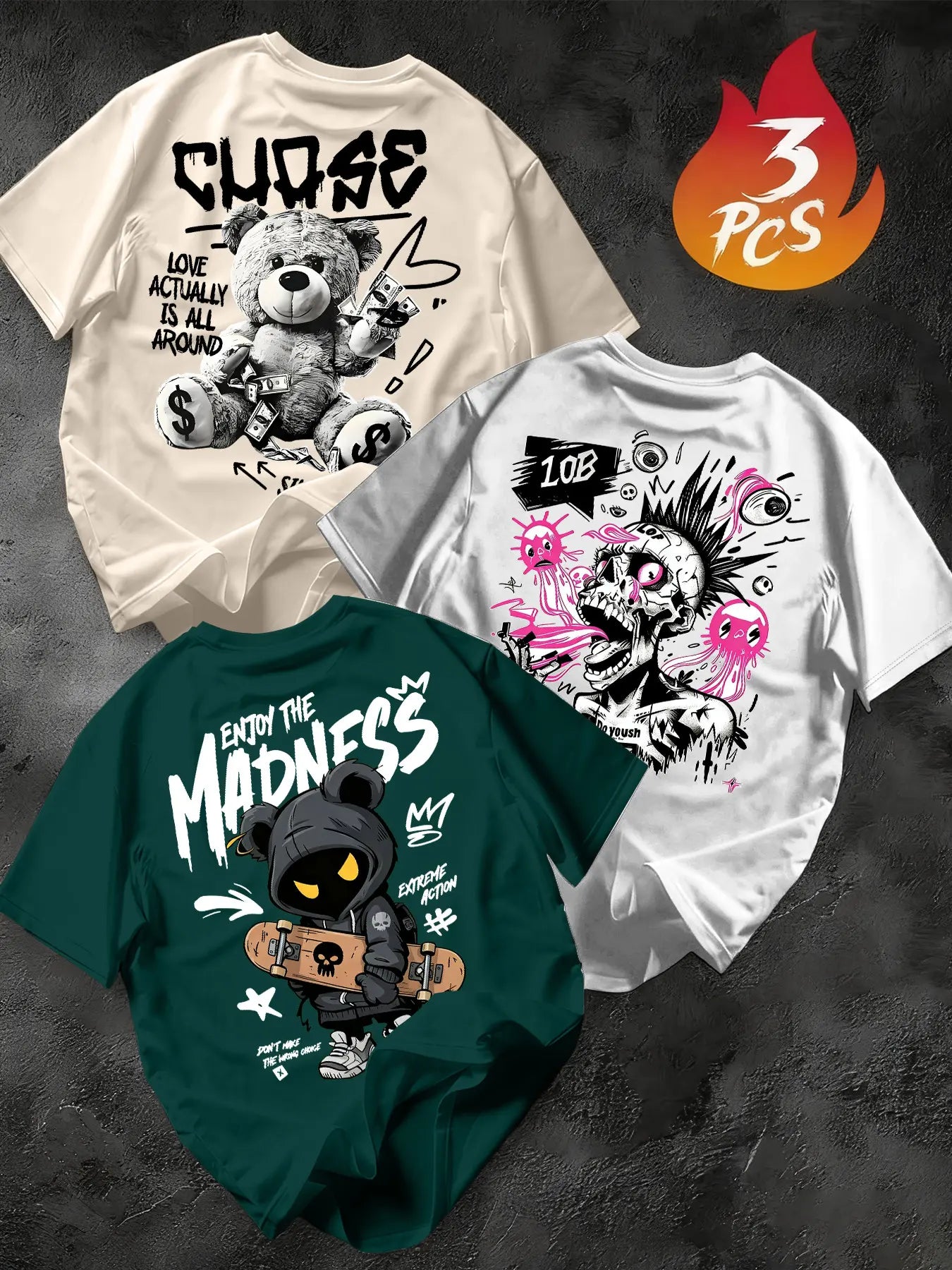 Men's 3-Pack Graffiti Round Neck Short Sleeve T-Shirts, Unique Cool Prints, Loose Fit, Casual Street Style, Daily Wear, Streetwear
