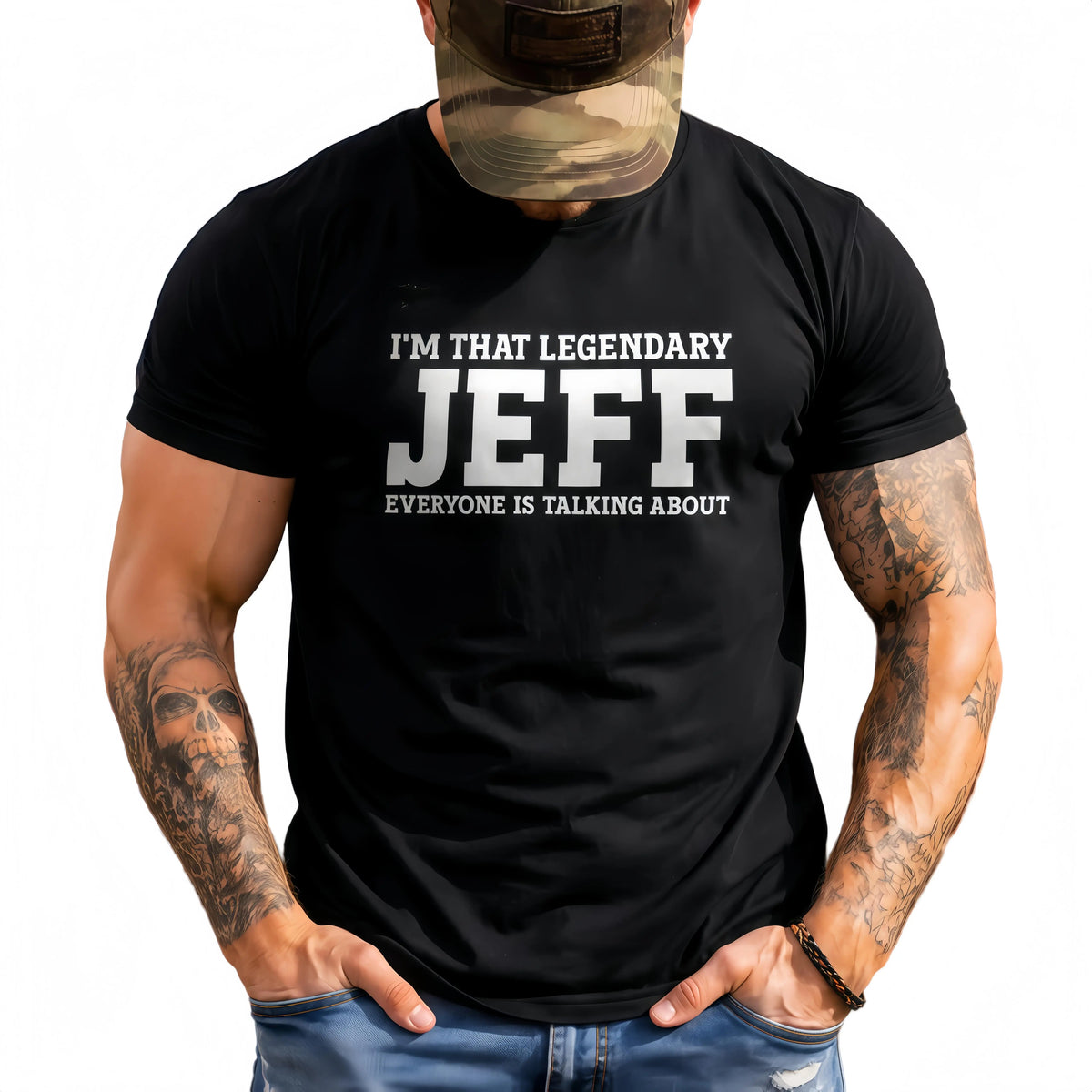 Men’s Regular Small Size     humor graphic tee.  I’m That Legendary Jeff Everyone Is Talking About Short Sleeve Tee, Soft Cotton Crew Neck Casual Top, Black & White Available for Daily Streetwear Gifting,Comfy Elastic Waist Drawstring Pants