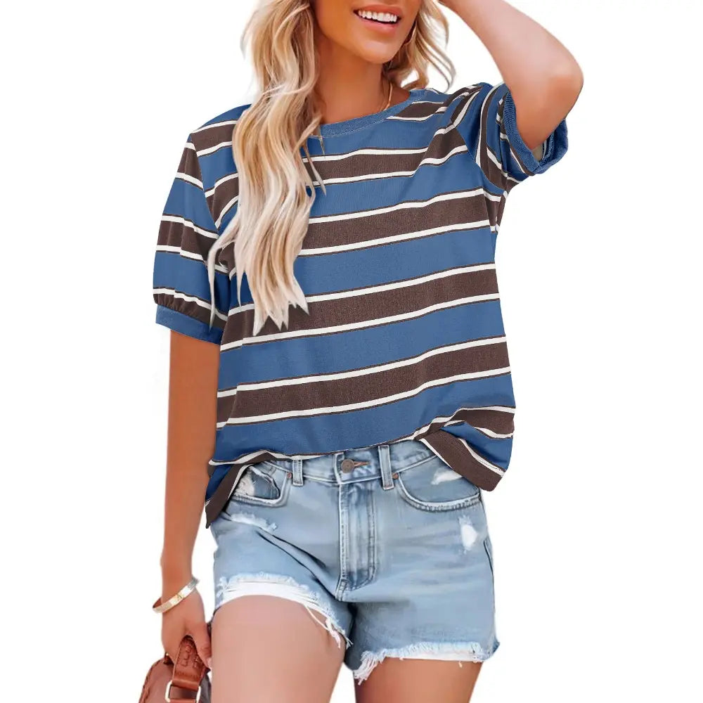 Dokotoo Women's Summer Tops 2026 Striped Color Block Short Sleeve T-Shirts Crewneck Casual Loose Basic Tee Blouses 95% Cotton 5% Elastane Breathable Lightweight Soft Durable