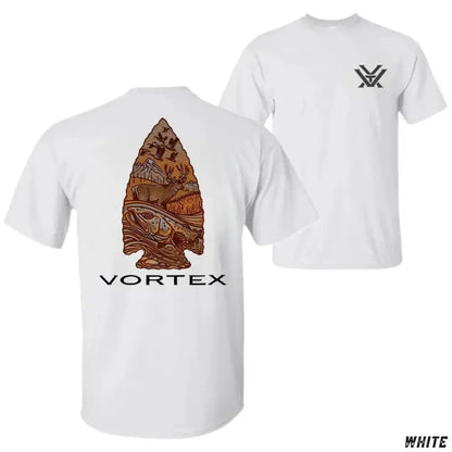 Vortex Arrowhead Wildlife T-Shirt – Navy Tee Featuring Detailed Outdoor Scene with Trout, Deer, Ducks, and Mountains Inside Arrowhead Graphic, Perfect for Hunters, Anglers, Nature Lovers, and Fans of Rustic Outdoor Apparel, Top Menswear Streetwear-DK.X