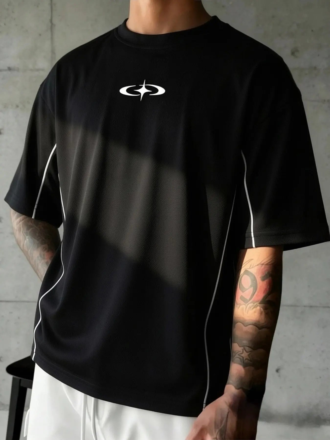 Men's Symbol Line Print T-Shirt, Y2K Streetwear Style, Loose-Fit Short Sleeve Casual Tee for Everyday Wear