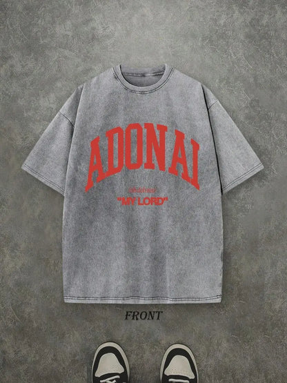 Retro Washed T-Shirt Single-Sided Printed (230 Pure Cotton T-Shirt) 'ADONAI MY LORD' Letter And Pattern Print, Mens TShirt, Mens Shirt Casual, Comfortable, Fashionable T-Shirt, Street Style Cotton