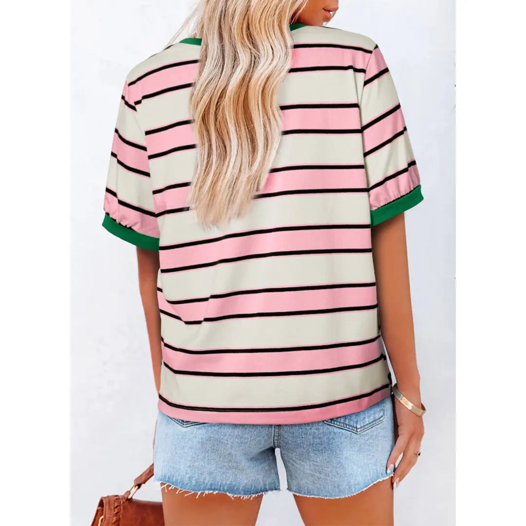 Dokotoo Women's Summer Tops 2026 Striped Color Block Short Sleeve T-Shirts Crewneck Casual Loose Basic Tee Blouses 95% Cotton 5% Elastane Breathable Lightweight Soft Durable