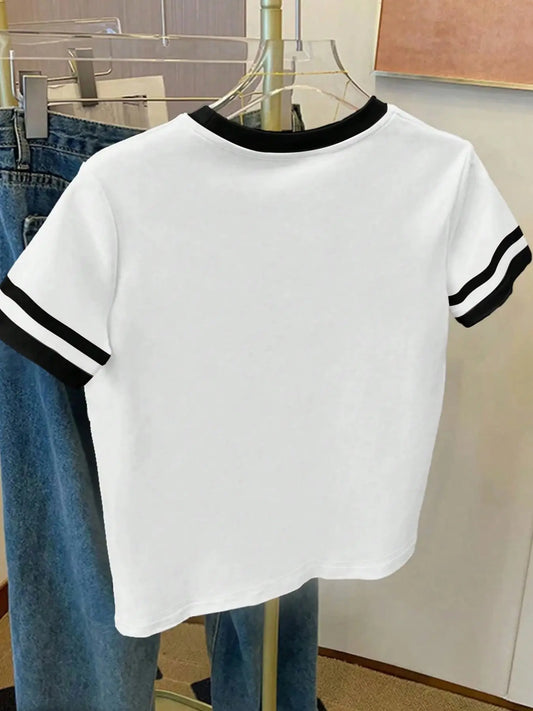 Vintage Colorblock Round Neck T-Shirt Top, Casual College Style, Unique Heart Print, Slimming Fit, Perfect for Bestie Getaways