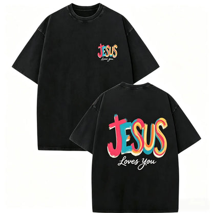 Washed T - Shirt, 1pc Y2K Retro Style, 230G Printed Spring Summer Crew Neck 100% Cotton Soft Daily Streetwear Faith Short - Sleeve T - Shirt with Colorful 'JESUS' on Front and Back fathersdaygift，funny graphic tee, men’s trendy t-shirts,