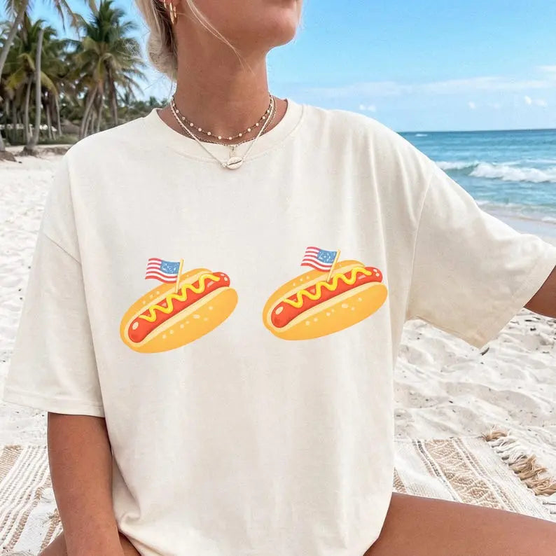 Comfort Colors Retro Hot Dog Bikini 4th of July Shirt - Funny Patriotic Glizzy Graphic Tee, Trendy Oversized USA Independence Day T-Shirt