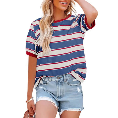 Dokotoo Women's Summer Tops 2026 Striped Color Block Short Sleeve T-Shirts Crewneck Casual Loose Basic Tee Blouses 95% Cotton 5% Elastane Breathable Lightweight Soft Durable