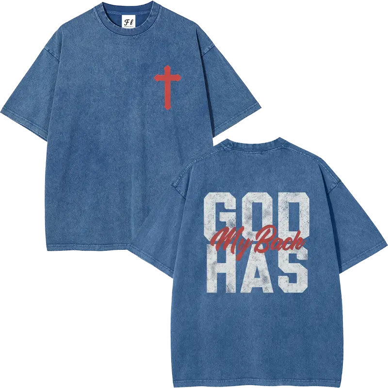 Men's 260g Heavyweight 100% Cotton Casual Short-Sleeve T-Shirt - Round Neck, Retro Acid Washed, Fluffy Breathable Fabric, Moisture-Wicking, "GOD HAS MY BACK" Christian Cross Print, Oversized Plus-Size Christian Clothing Streetwear