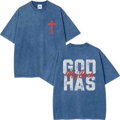 Men's 260g Heavyweight 100% Cotton Casual Short-Sleeve T-Shirt - Round Neck, Retro Acid Washed, Fluffy Breathable Fabric, Moisture-Wicking, "GOD HAS MY BACK" Christian Cross Print, Oversized Plus-Size Christian Clothing Streetwear
