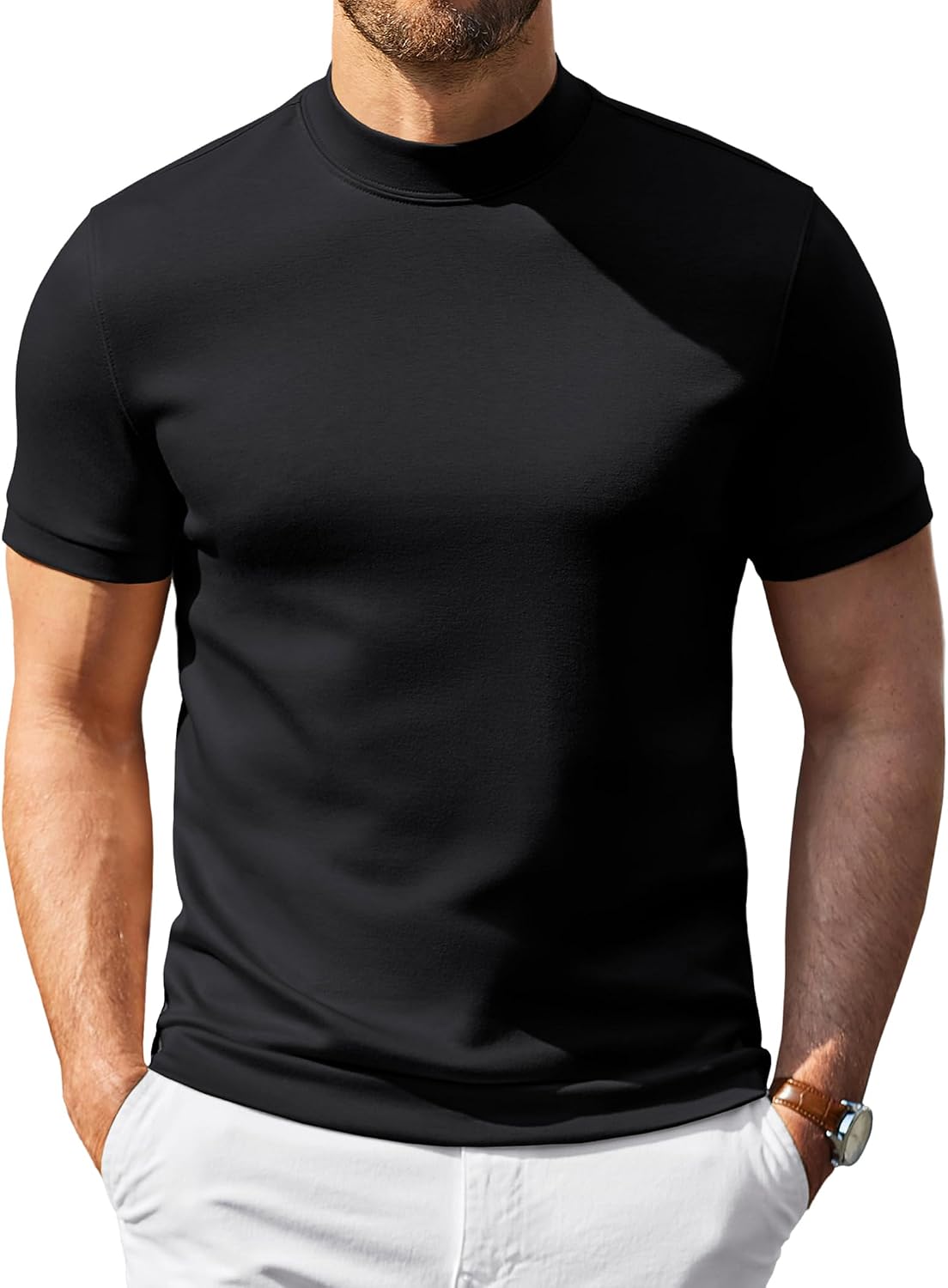 COOFANDY Men's Short Sleeve Mock Neck Pullover Sweaters Casual Stylish Slim Fit Basic Top Silk-Like Fabric