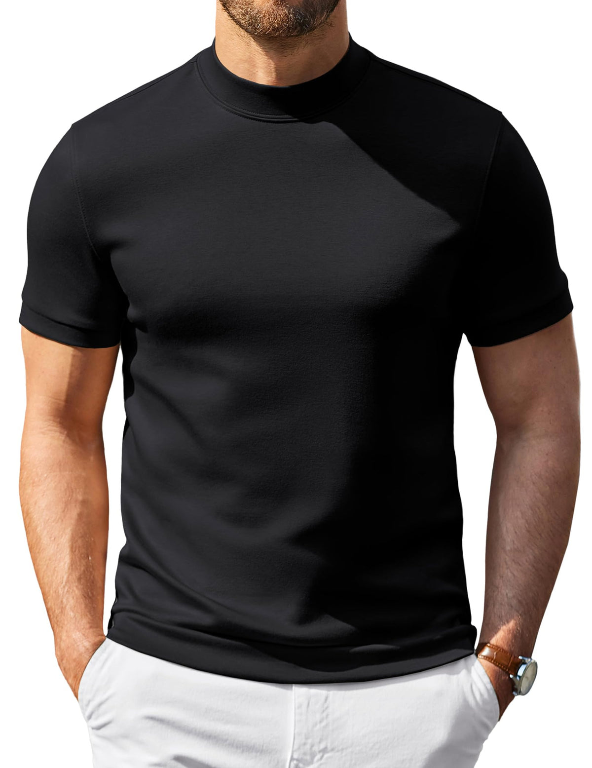 COOFANDY Men's Short Sleeve Mock Neck Pullover Sweaters Casual Stylish Slim Fit Basic Top Silk-Like Fabric