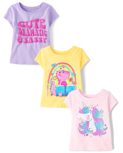 The Children's Place Baby Girls' and Toddler Unicorns,Butterflies,Trends Short Sleeve Graphic T-Shirts,3 Pack