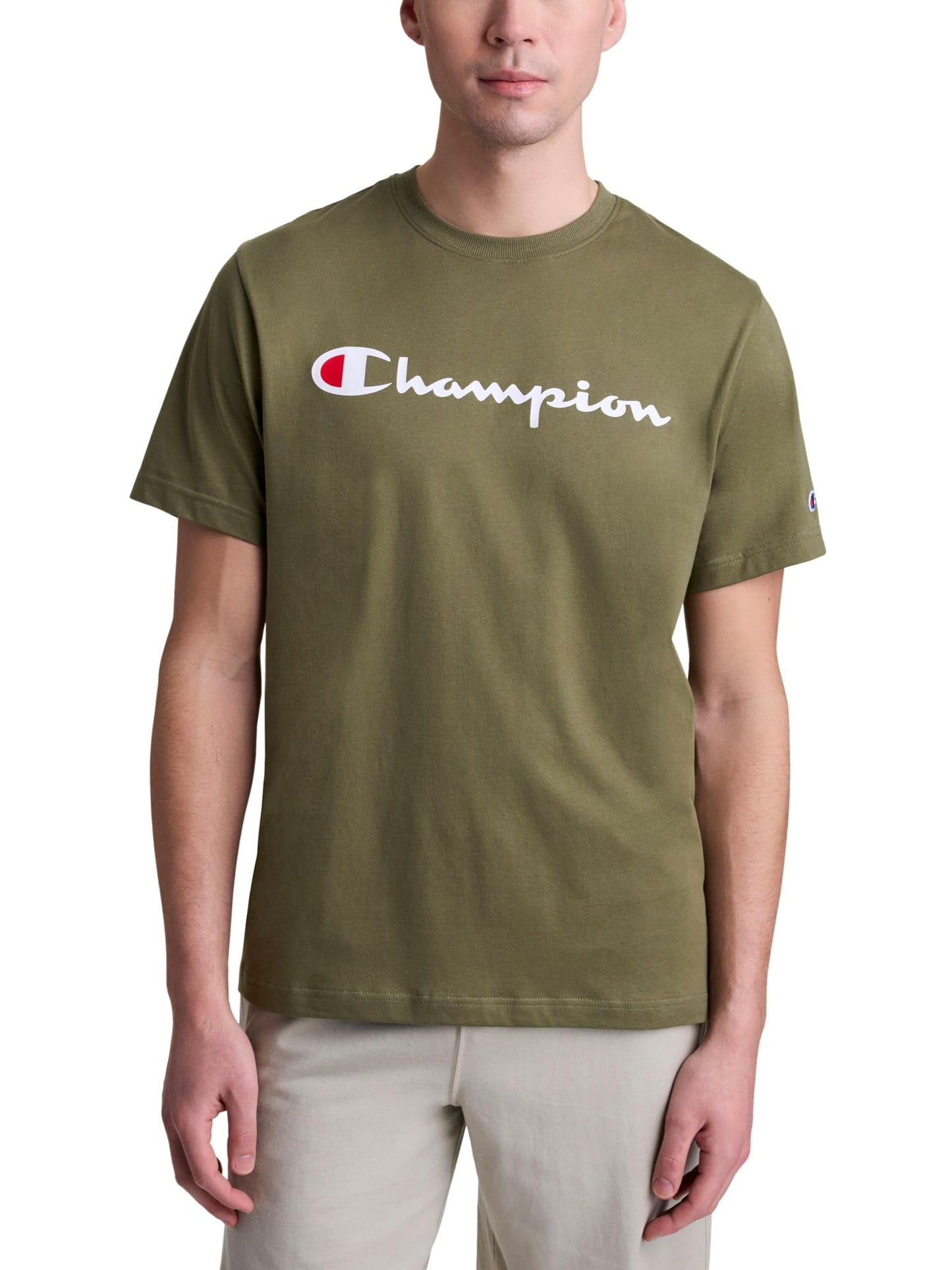 Champion Men's Graphic Short Sleeve T-Shirt, Standard Fit, Classic Script Logo, Midweight 100% Cotton
