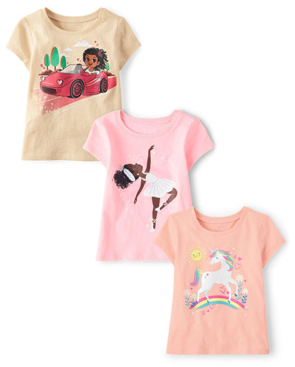 The Children's Place Baby Girls' and Toddler Unicorns,Butterflies,Trends Short Sleeve Graphic T-Shirts,3 Pack