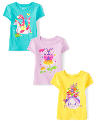 The Children's Place Baby Girls' and Toddler Unicorns,Butterflies,Trends Short Sleeve Graphic T-Shirts,3 Pack