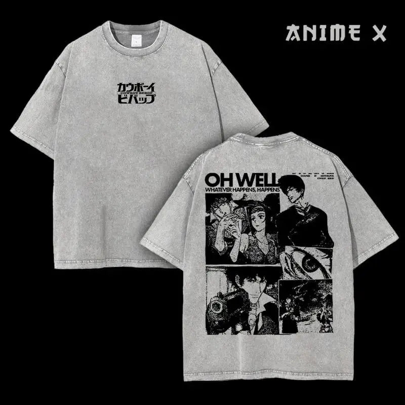Retro Vintage Cowboy Bebop Anime Double Printed Washed T-shirt Unisex Mineral Anime Manga Washed Heavy Cotton T-shirt, Gift For Anime Fan Lover