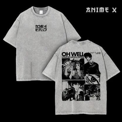 Retro Vintage Cowboy Bebop Anime Double Printed Washed T-shirt Unisex Mineral Anime Manga Washed Heavy Cotton T-shirt, Gift For Anime Fan Lover