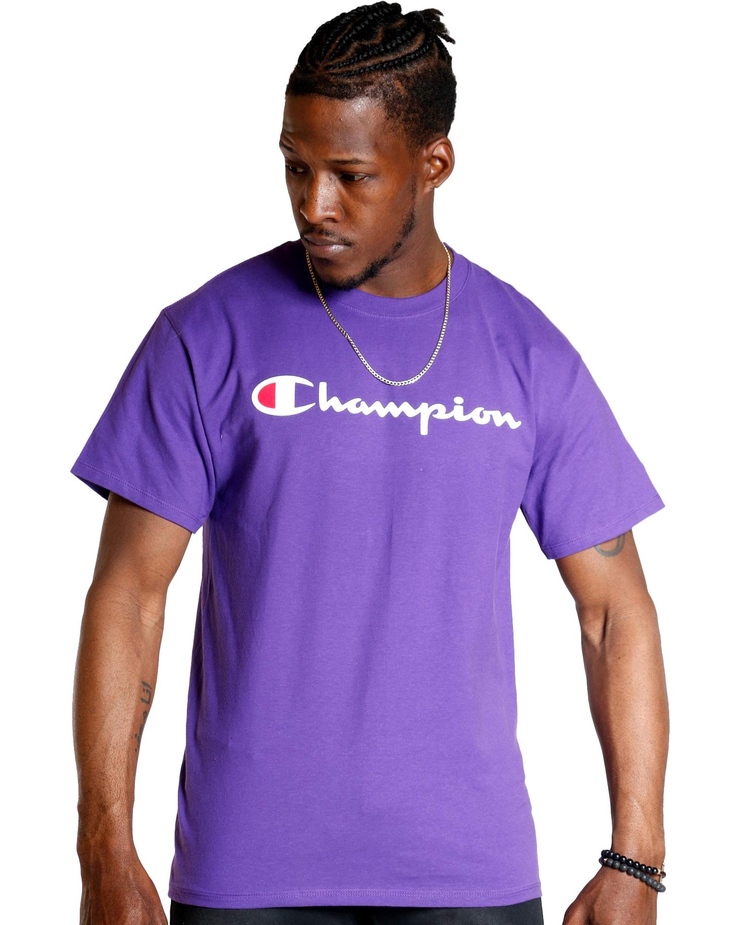 Champion Men's Graphic Short Sleeve T-Shirt, Standard Fit, Classic Script Logo, Midweight 100% Cotton