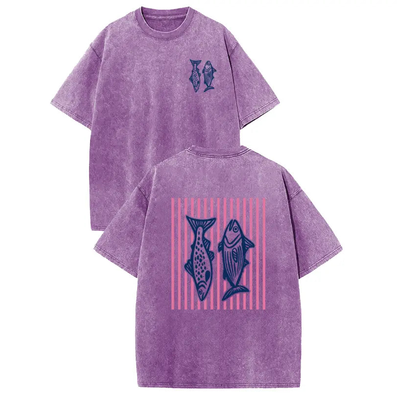 Holafish 2026 100% Cotton Crewneck Acid Wash T‑Shirt, Retro Pink Striped Dual‑Side Fish Graphic Printed Unisex Fashion Tees summervibes Casual Top