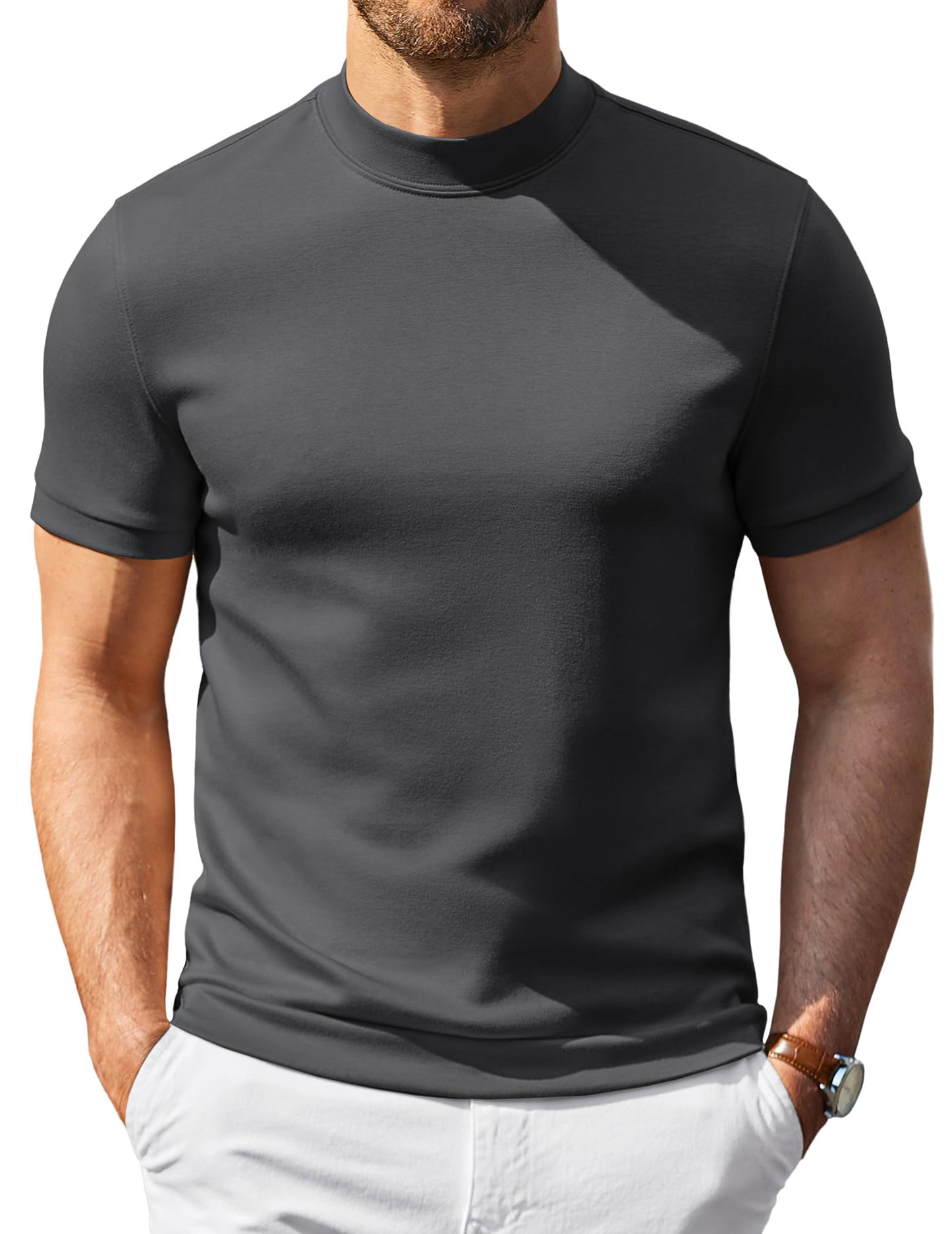 COOFANDY Men's Short Sleeve Mock Neck Pullover Sweaters Casual Stylish Slim Fit Basic Top Silk-Like Fabric