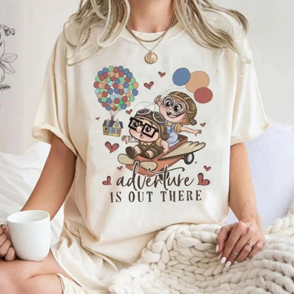 Explore The Adventure With This Cotton T-shirt Featuring Up Balloon Carl And Ellie Design graphic tees