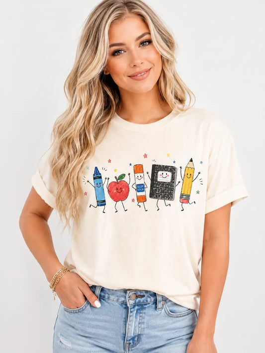 Back-to-school shirts 100% pure cotton Cute School Supplies Comfortable shirt Graphic Tee, Aesthetic Back To School Spirit Shirt, Radiant Teacher Crayon Apple Pencil Notebook Top, Thoughtful Classroom Sublimation Gift Boutique Heritage Apparel summerwins
