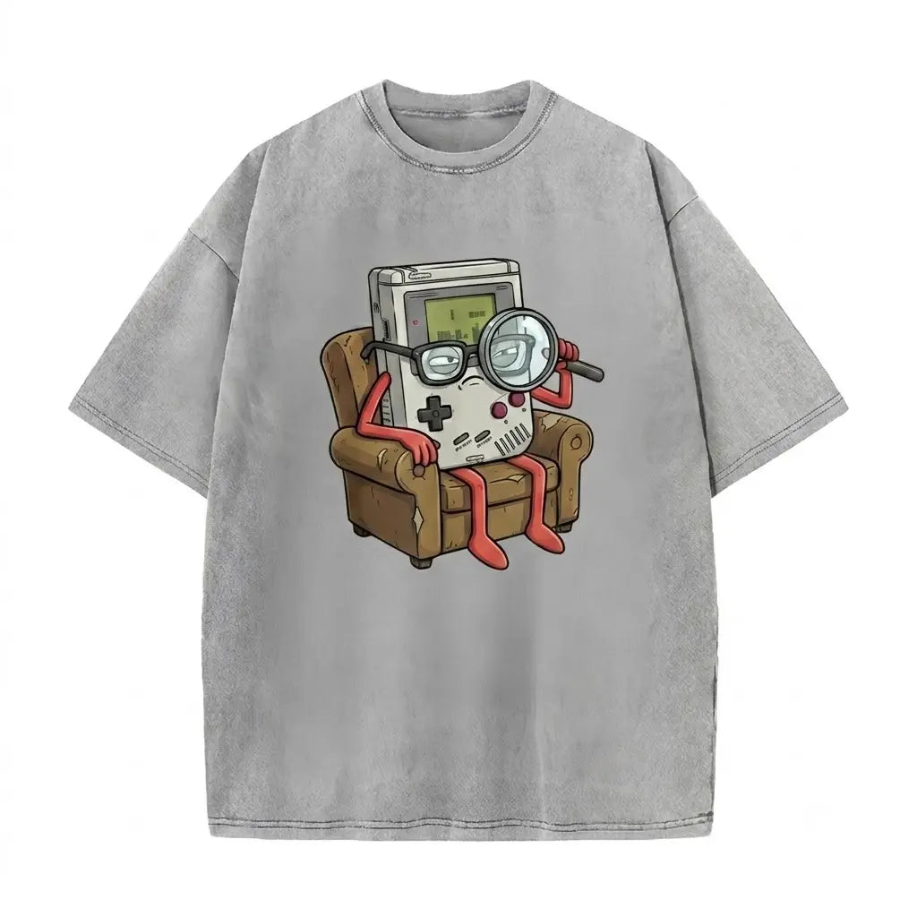 Vintage Acid Wash Detective GameBoy Cartoon Graphic T-Shirt, Retro 90s Handheld Game Oversized Streetwear Tee, Gamer Nostalgia Casual Top