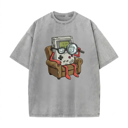 Vintage Acid Wash Detective GameBoy Cartoon Graphic T-Shirt, Retro 90s Handheld Game Oversized Streetwear Tee, Gamer Nostalgia Casual Top