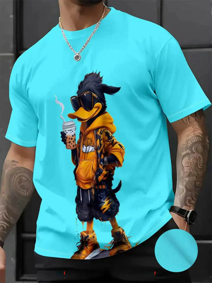 Men's 3D Cartoon Print Round Neck Short Sleeve Casual Streetwear T-Shirt, Fitted All over Print, Long Clothing, All Seasons Wear