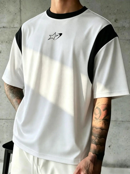 Men's Symbol Line Print T-Shirt, Y2K Streetwear Style, Loose-Fit Short Sleeve Casual Tee for Everyday Wear