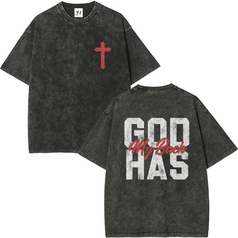 Men's 260g Heavyweight 100% Cotton Casual Short-Sleeve T-Shirt - Round Neck, Retro Acid Washed, Fluffy Breathable Fabric, Moisture-Wicking, "GOD HAS MY BACK" Christian Cross Print, Oversized Plus-Size Christian Clothing Streetwear