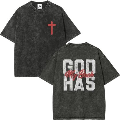 Men's 260g Heavyweight 100% Cotton Casual Short-Sleeve T-Shirt - Round Neck, Retro Acid Washed, Fluffy Breathable Fabric, Moisture-Wicking, "GOD HAS MY BACK" Christian Cross Print, Oversized Plus-Size Christian Clothing Streetwear