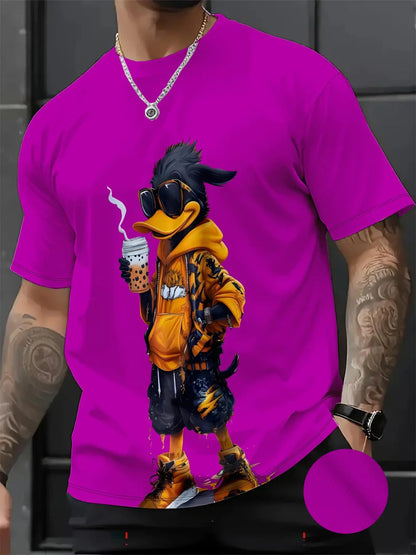 Men's 3D Cartoon Print Round Neck Short Sleeve Casual Streetwear T-Shirt, Fitted All over Print, Long Clothing, All Seasons Wear