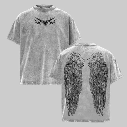 Oversized Acid Wash T-Shirt with Angel Wing & Thorn Graphic, Unisex Loose-Fitting Streetwear Tee, Heavyweight Cotton Shortsleeve Top with Ribbed Neckline