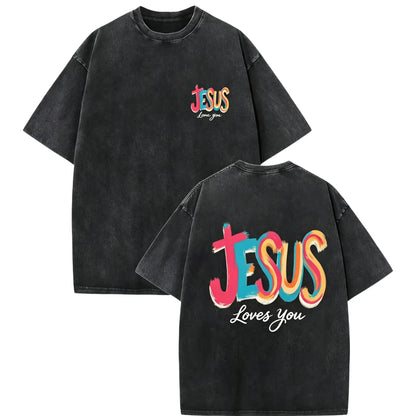 Washed T - Shirt, 1pc Y2K Retro Style, 230G Printed Spring Summer Crew Neck 100% Cotton Soft Daily Streetwear Faith Short - Sleeve T - Shirt with Colorful 'JESUS' on Front and Back fathersdaygift，funny graphic tee, men’s trendy t-shirts,