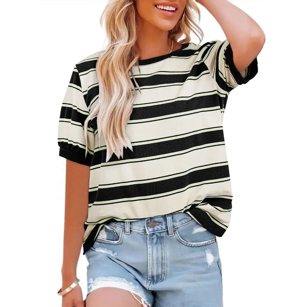 Dokotoo Women's Summer Tops 2026 Striped Color Block Short Sleeve T-Shirts Crewneck Casual Loose Basic Tee Blouses 95% Cotton 5% Elastane Breathable Lightweight Soft Durable