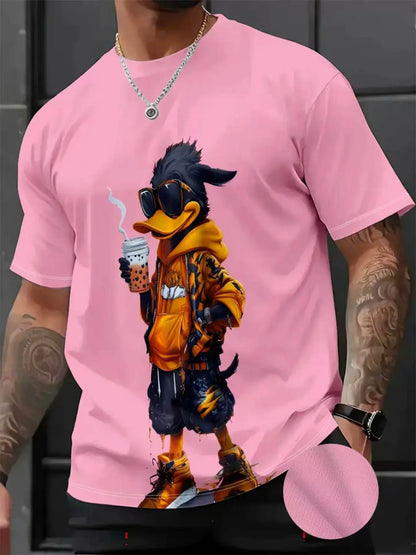 Men's 3D Cartoon Print Round Neck Short Sleeve Casual Streetwear T-Shirt, Fitted All over Print, Long Clothing, All Seasons Wear