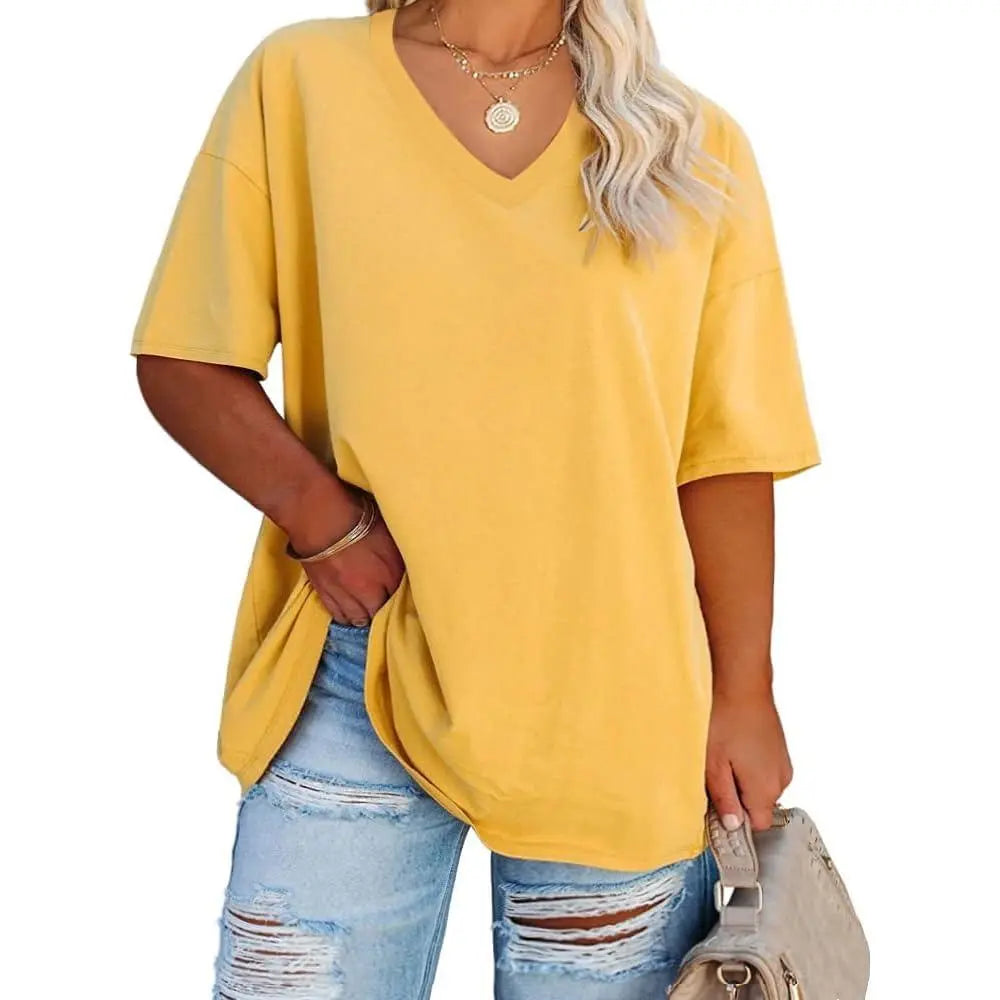 Tankaneo  Women's Plus Size V Neck T Shirts Summer Half Sleeve Tees Casual Loose Fit Cotton Tunic Tops
