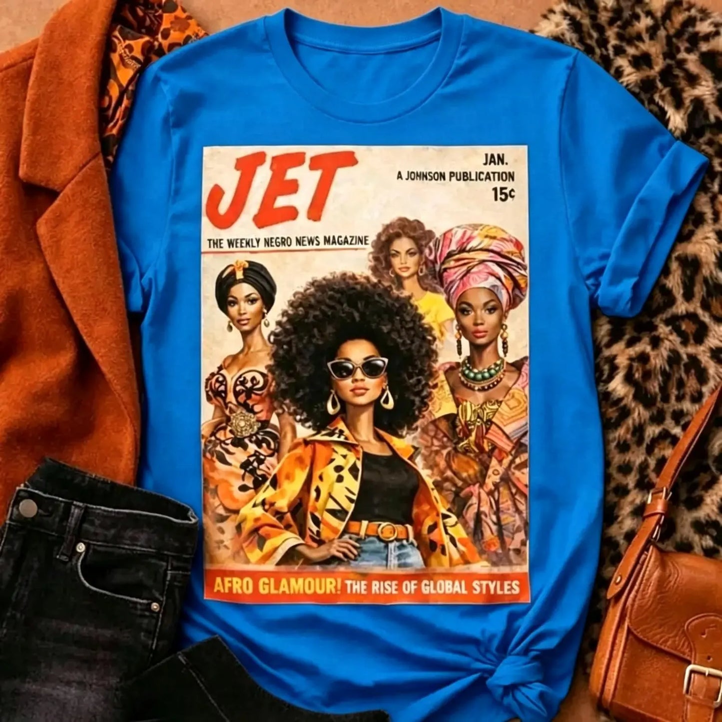 Afro Glamour Vintage Magazine Cotton T-shirt for Women Artistic Fashion Afrocentric Fall Graphic Tee R