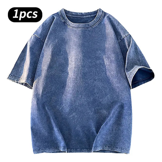 Washed Five-point Sleeve Pure Cotton Retro Crew Neck T-Shirt, Men's Summer Tee for Daily Wear, Running & Sports
