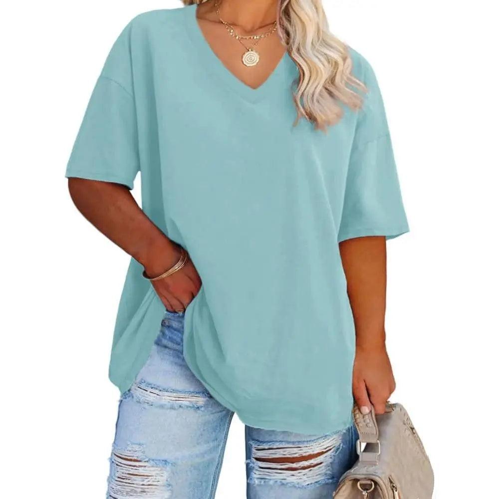 Tankaneo  Women's Plus Size V Neck T Shirts Summer Half Sleeve Tees Casual Loose Fit Cotton Tunic Tops