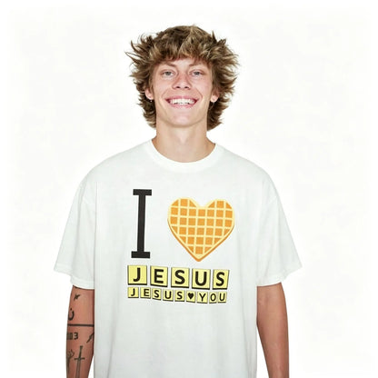 I Love Jesus Jesus Love You Waffle Comfort  Shirt, Bryce Crawford Merch, Christian Apparel Graphic Tee, Funny Christian Breakfast T-shirt, Unisex Casual 100% Cotton  Inspirational Quote TShirt, TikTok Viral Unisex
