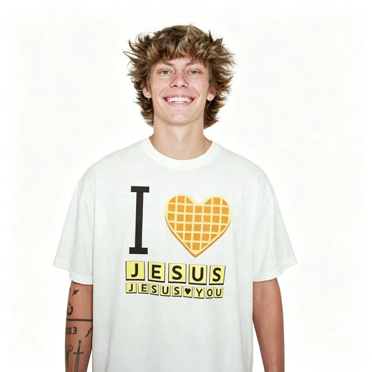 I Love Jesus Jesus Love You Waffle Comfort  Shirt, Bryce Crawford Merch, Christian Apparel Graphic Tee, Funny Christian Breakfast T-shirt, Unisex Casual 100% Cotton  Inspirational Quote TShirt, TikTok Viral Unisex