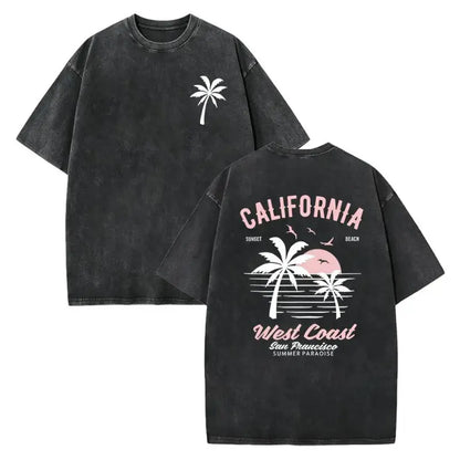 Washed Cotton California Graphic  –  Soft Vintage Surf Beach  with Palm Trees & Retro Print, Loose Fit Summer Casual Shirt for Men Women, Unisex Machine Washable