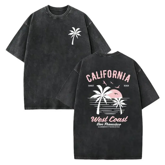 Washed Cotton California Graphic  –  Soft Vintage Surf Beach  with Palm Trees & Retro Print, Loose Fit Summer Casual Shirt for Men Women, Unisex Machine Washable