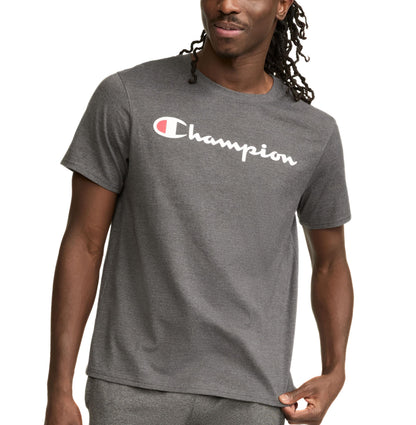 Champion Men's Graphic Short Sleeve T-Shirt, Standard Fit, Classic Script Logo, Midweight 100% Cotton