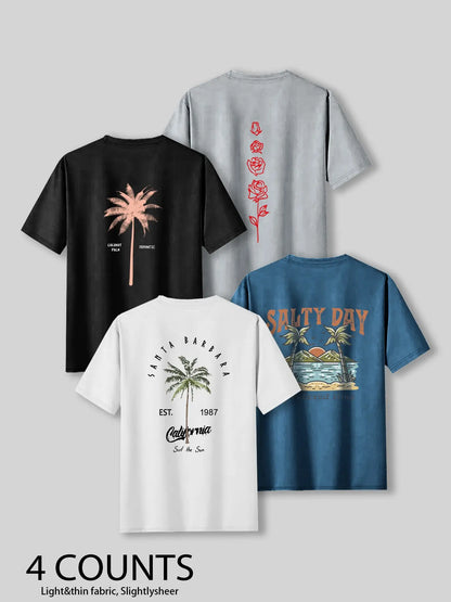Men's Palm Tree & Letter Print Tropical Short Sleeve Graphic Casual Beach Tee, Regular Fit Casual Streetwear Round Neck T-shirt for Summer, Men's Top for Daily Wear, Menswear, Casual Summer Clothing, Casual Style Tee