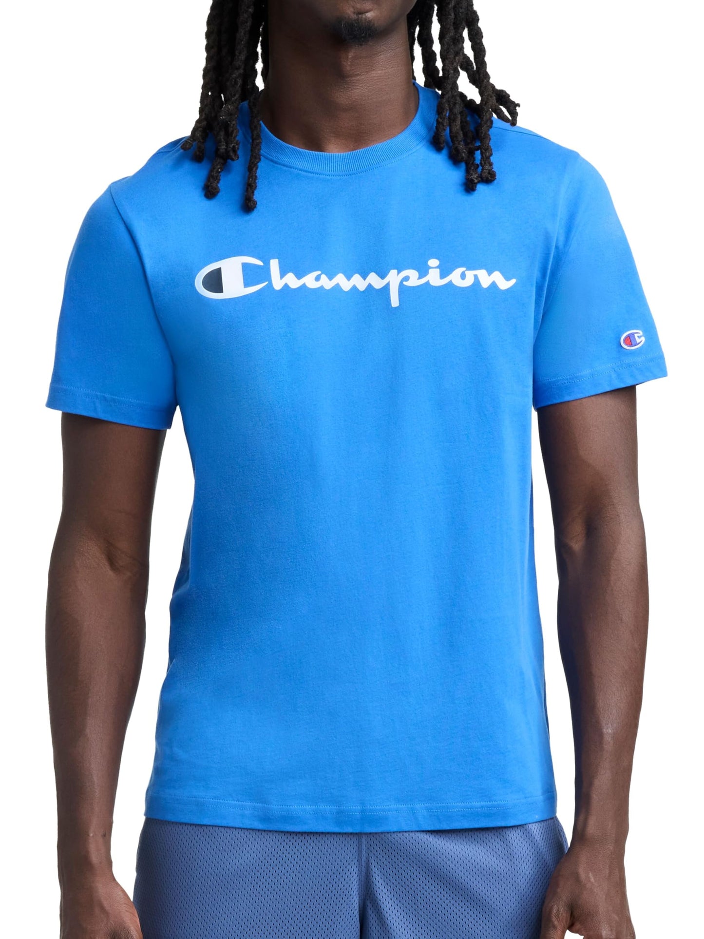Champion Men's Graphic Short Sleeve T-Shirt, Standard Fit, Classic Script Logo, Midweight 100% Cotton